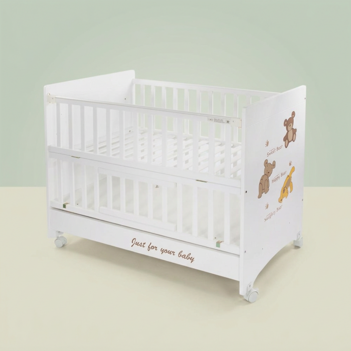 Premium white wooden baby cot with teddy decorations against pale sage green studio background