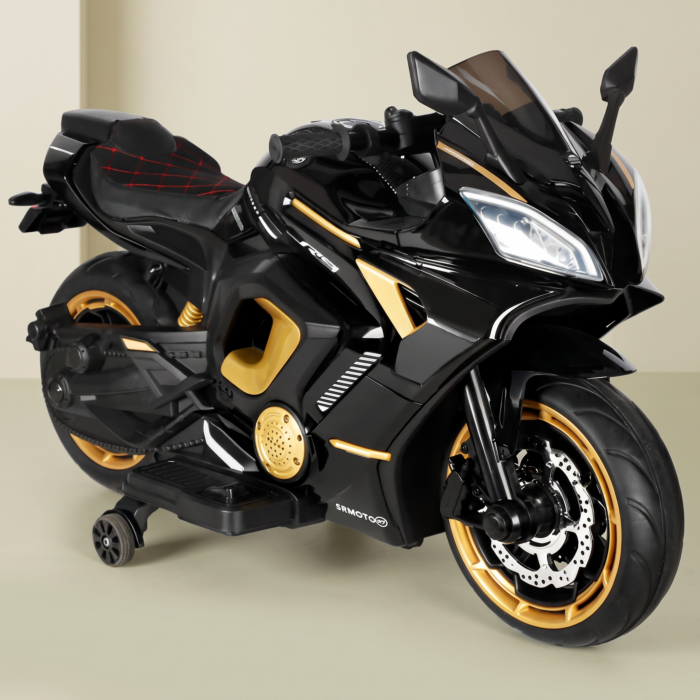 Big size black and gold kids electric ride-on sports bike with EVA wheels on a premium studio background