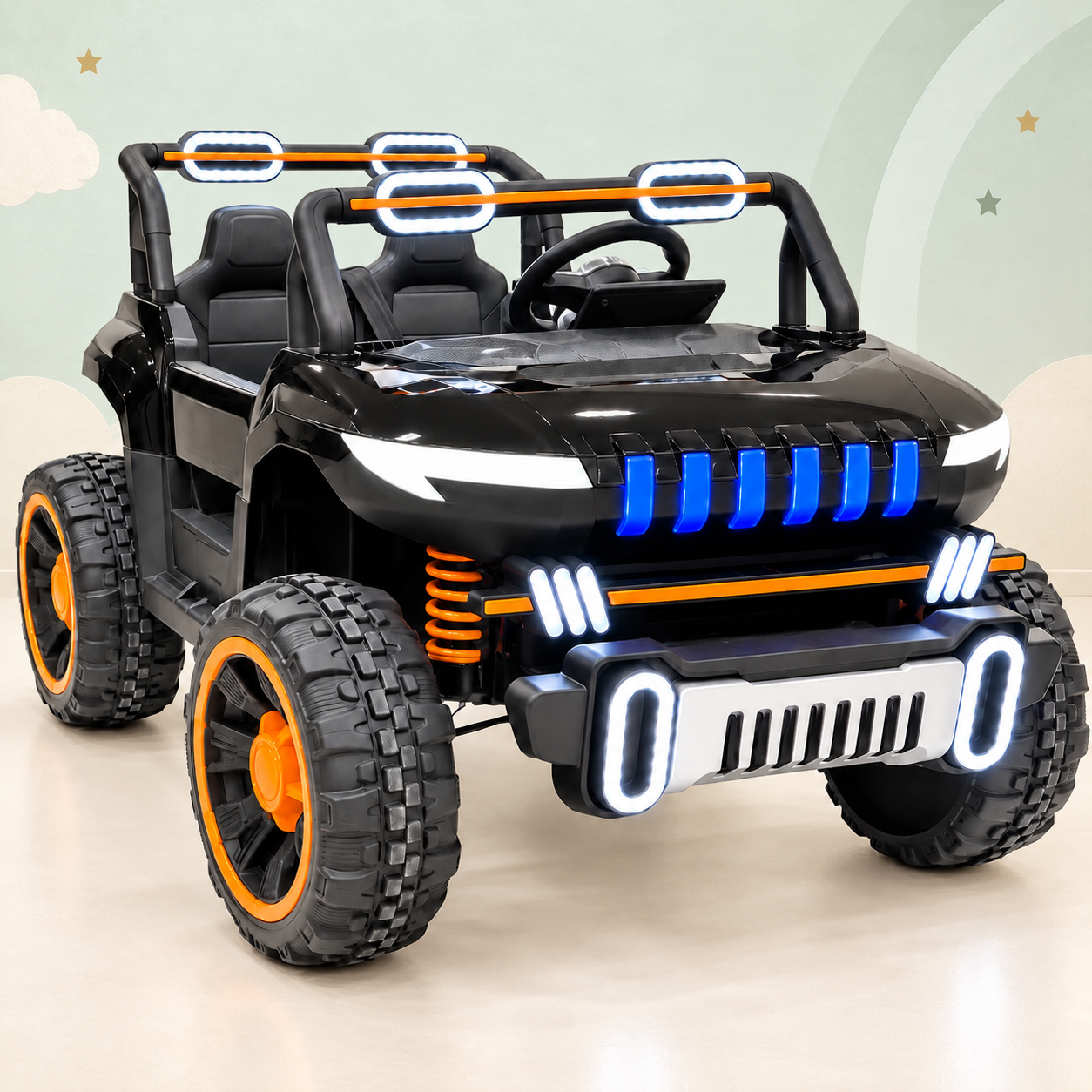 Black big-size kids electric jeep with a cream and sage background