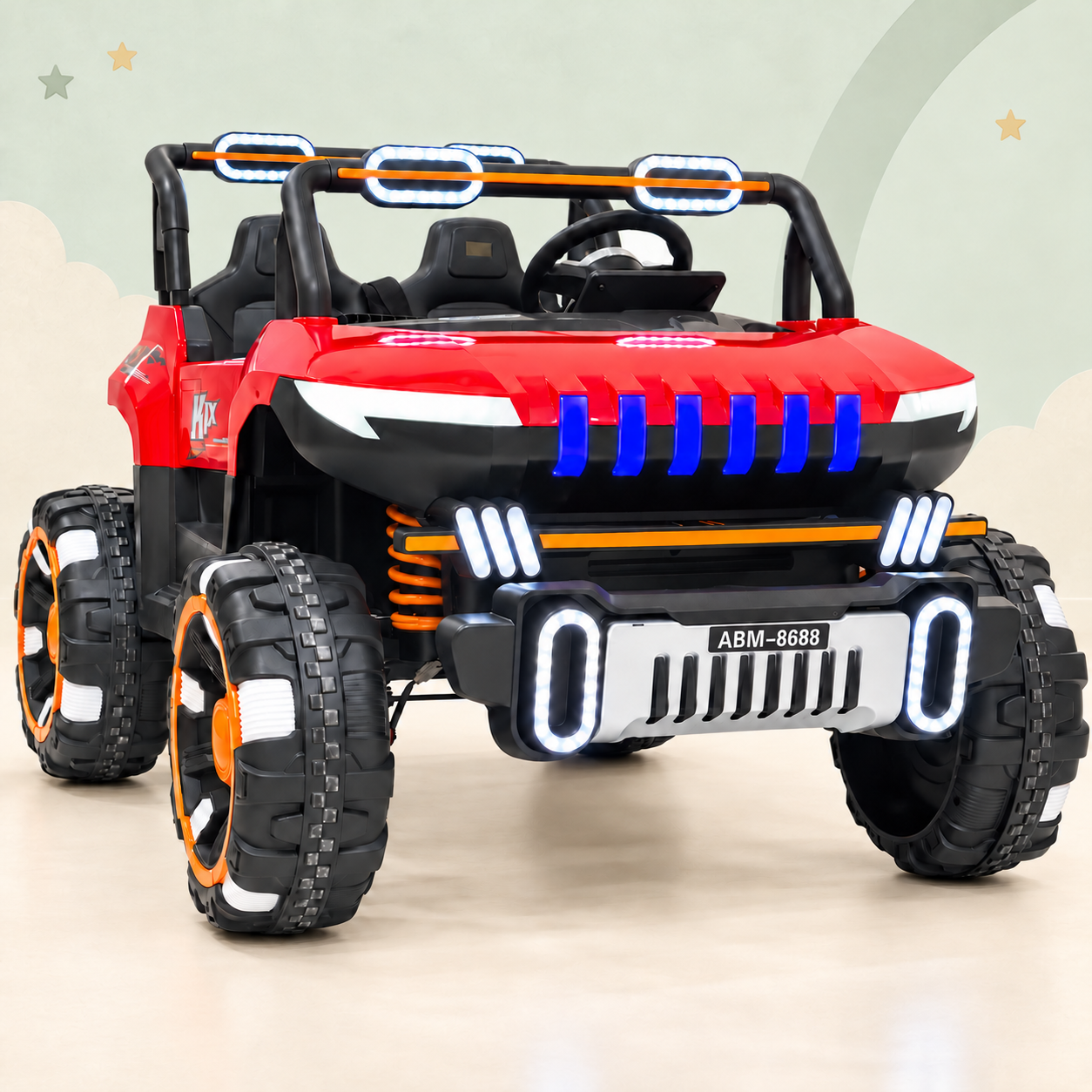 Red big-size kids electric jeep with a cream and sage background