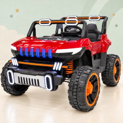 Red big-size kids electric jeep with a cream and sage background