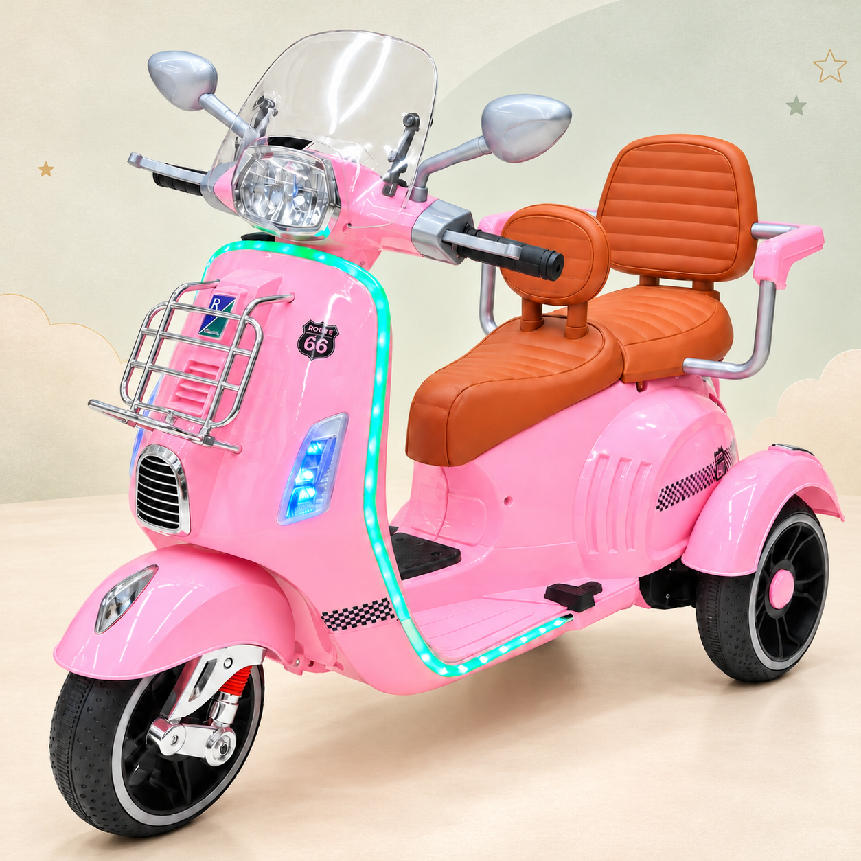 Pink rechargeable kids scooter with a cream and sage background