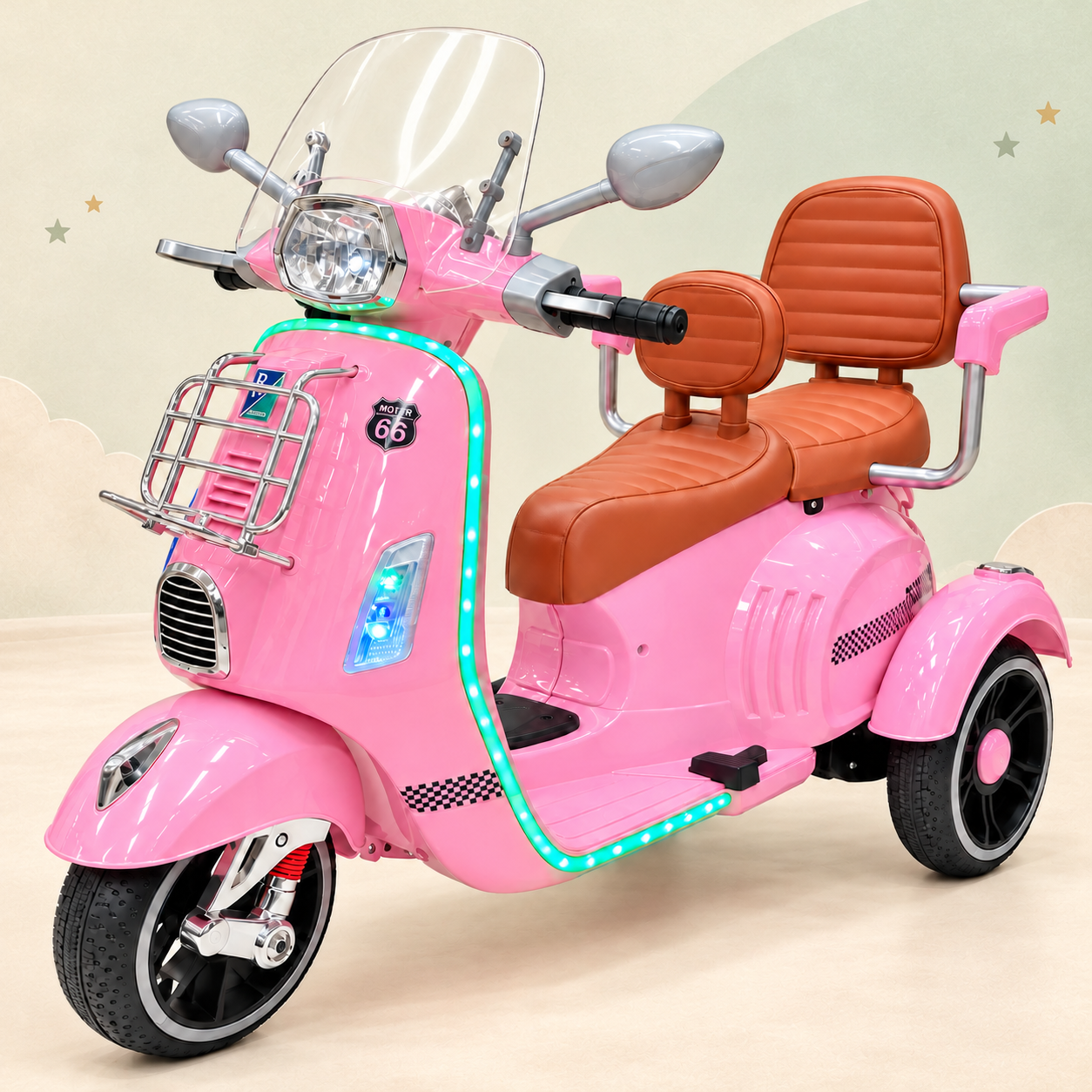 Pink rechargeable kids scooter with a cream and sage background