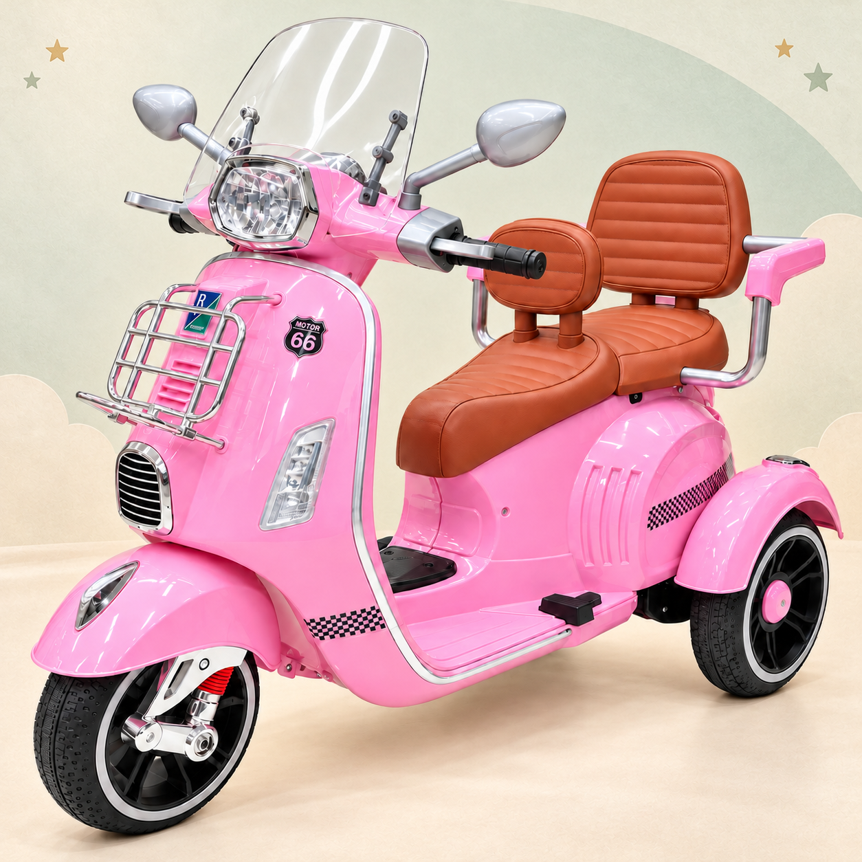 Pink rechargeable kids scooter with a cream and sage background