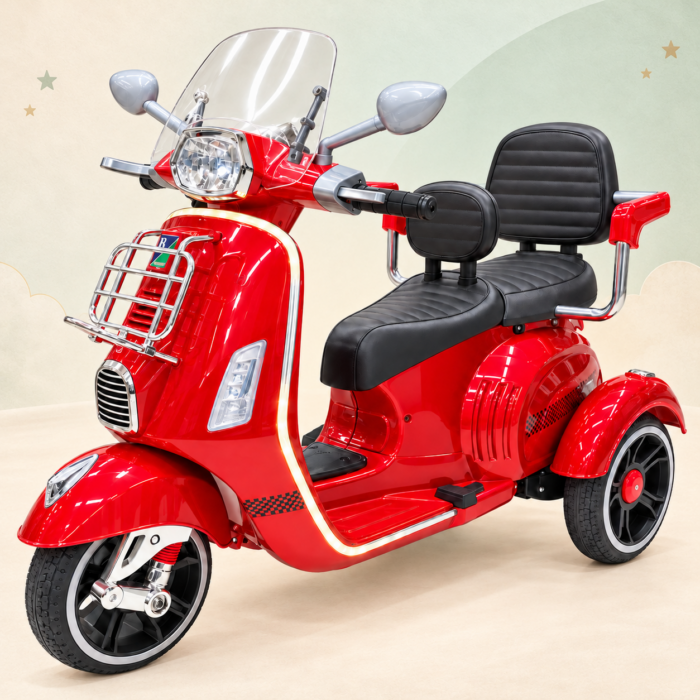 Red imported rechargeable kids scooter with black seat