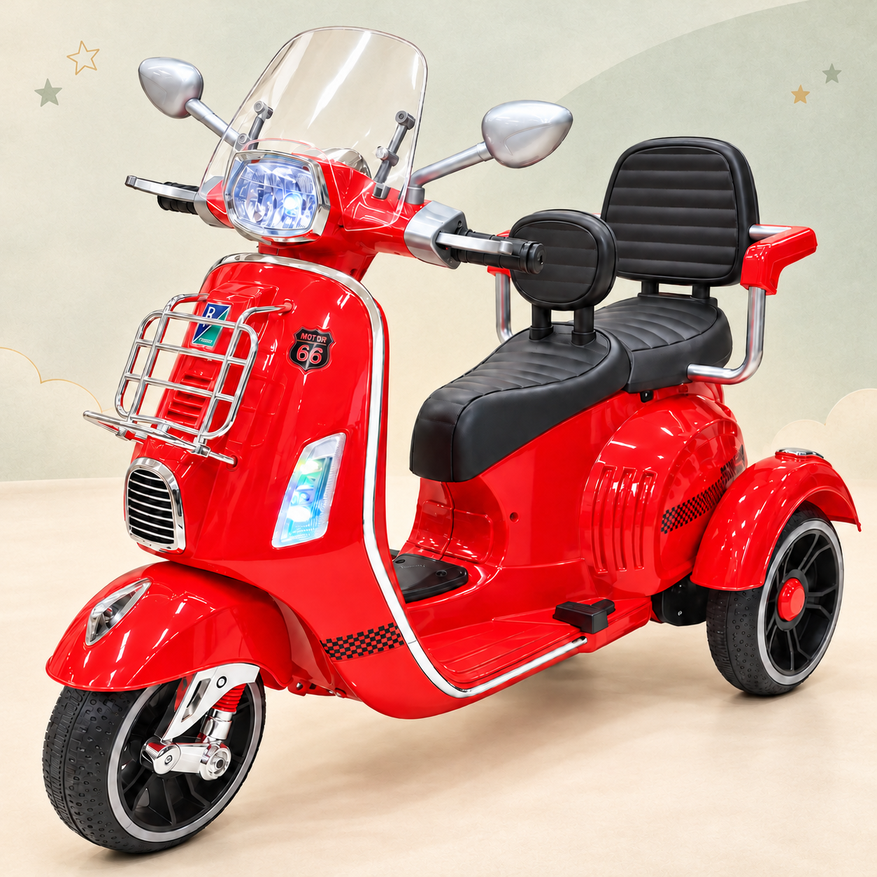 Red rechargeable kids scooter with a cream and sage background