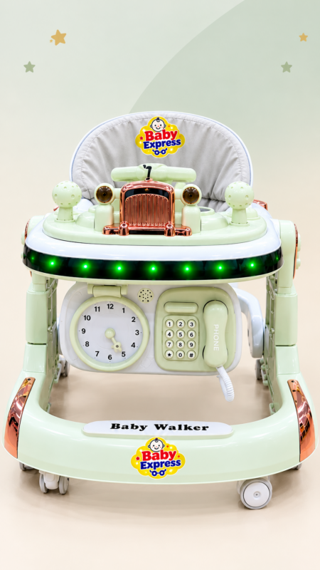 Mint baby walker with rose-gold car grille, LED lights, grey padded seat, toy phone and clock